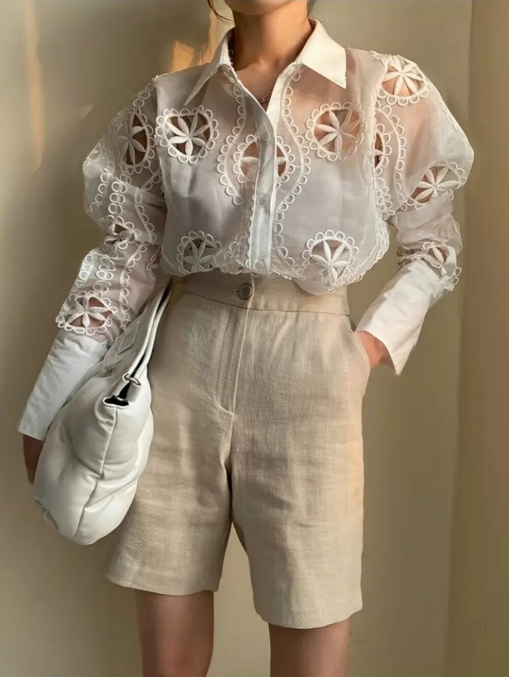 Spring/Summer Sexy Sheer Hollow-Out Shirt, Elegant Embroidered Top - Picture 2 of 6